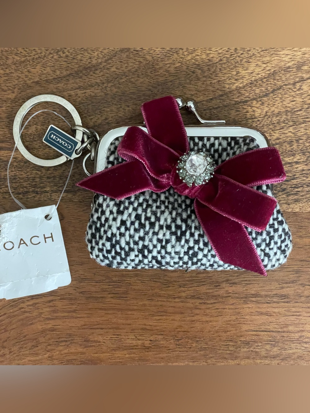COACH SOHO Tweed Kisslock Coin Purse w/Velvet Swarovski Crystal Bow